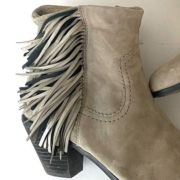 Sam Edelman Taup Leather Fringe Heeled Bootie Sz 9.5 Boho Chic Western Cowgirl - Picture 2 of 12